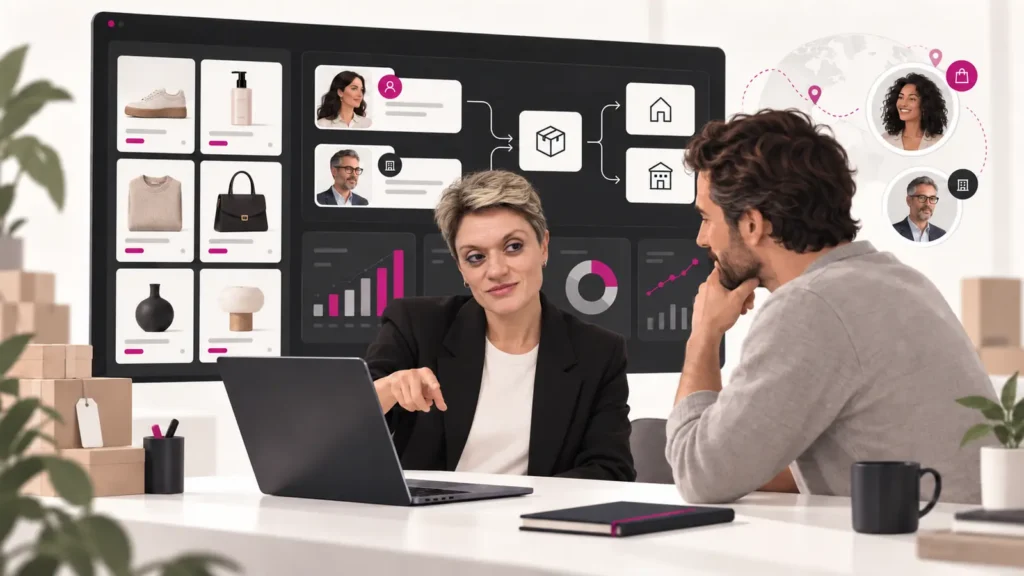 Sandra Boulou, experte WooCommerce, conseille un client sur la gestion d’une boutique Ecommerce B2B et B2C